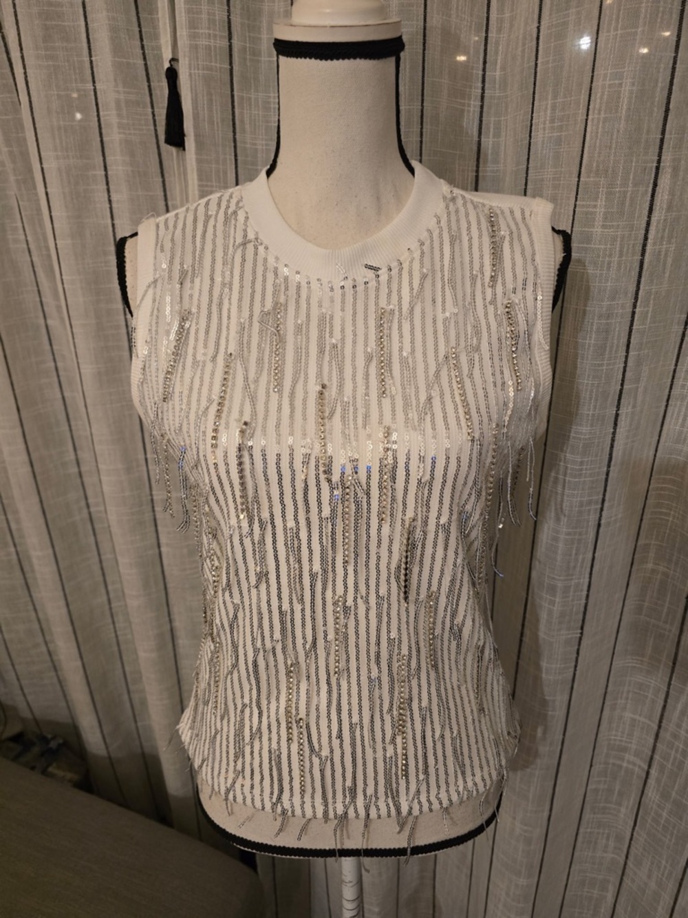 White Sequin Fringe Tank Top - Sleeveless Knit